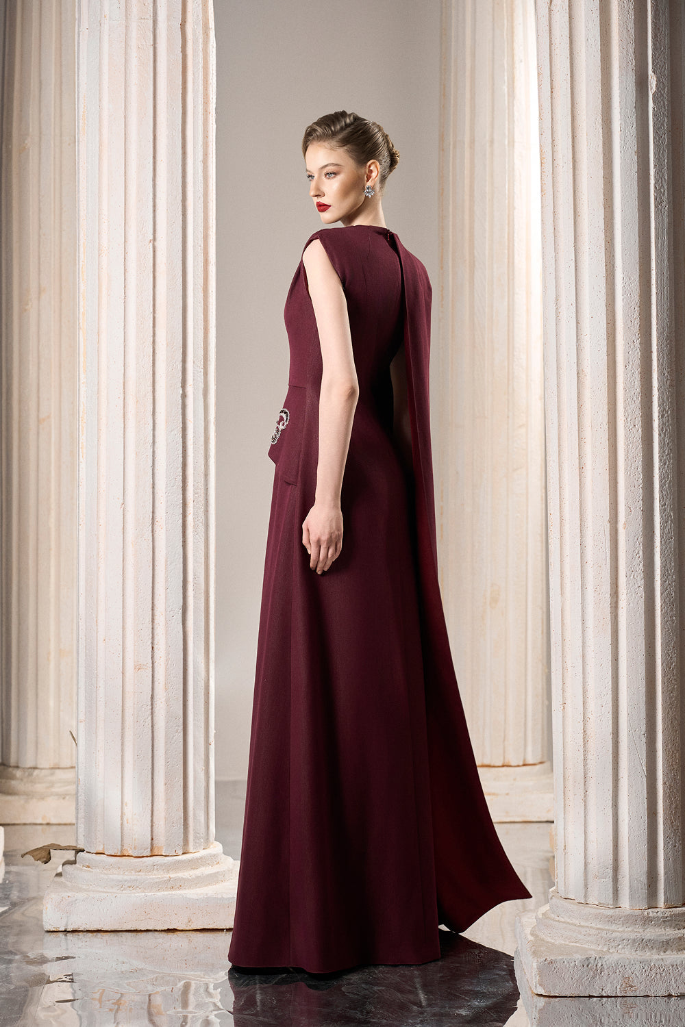 Dress Asymmetrical column dress with a single draped cape sleeve