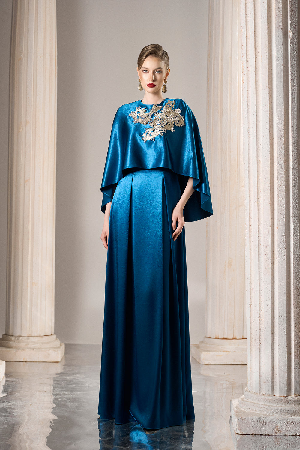 Dress Sapphire silk dress, elegant tiered cape effect