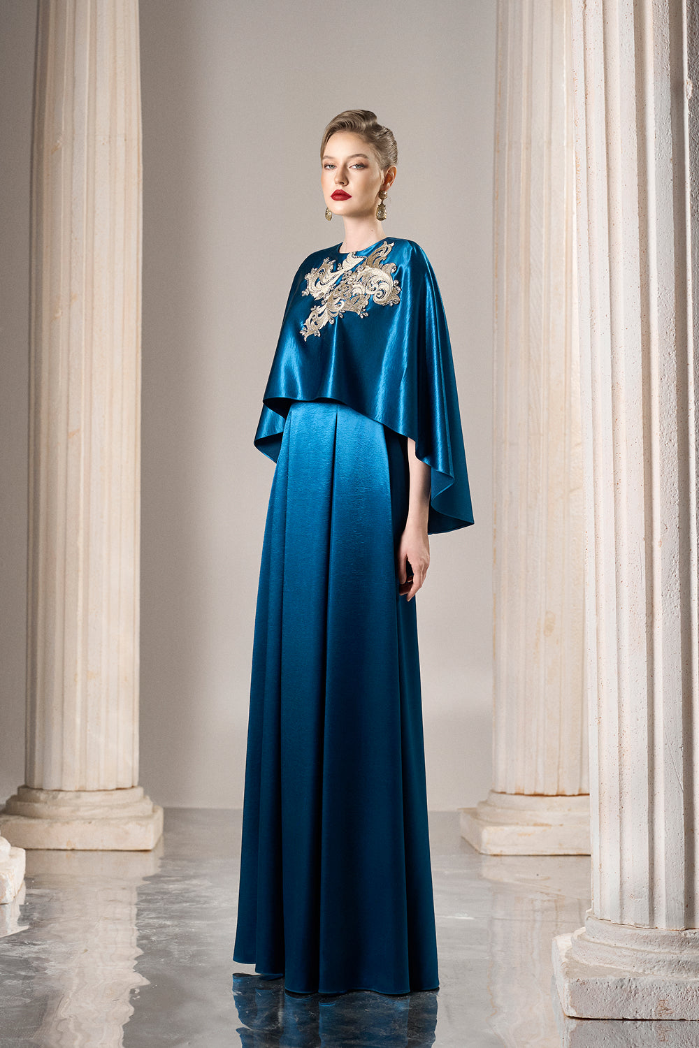 Dress Sapphire silk dress, elegant tiered cape effect