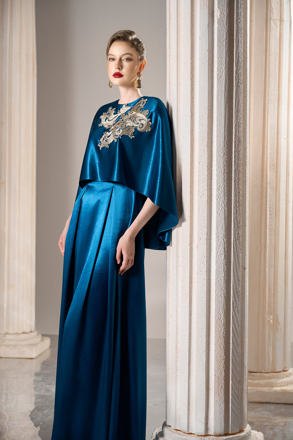 Dress Sapphire silk dress, elegant tiered cape effect
