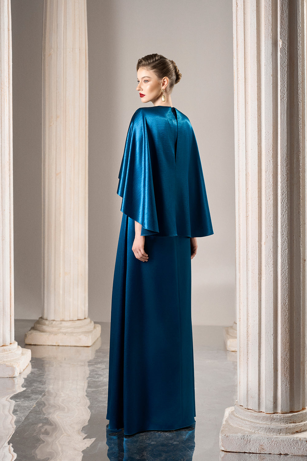 Dress Sapphire silk dress, elegant tiered cape effect