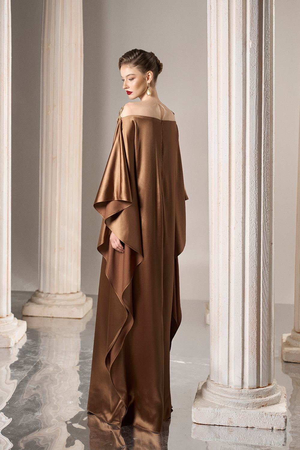 Dress Off-shoulder silk caftan, gold embroidery detail