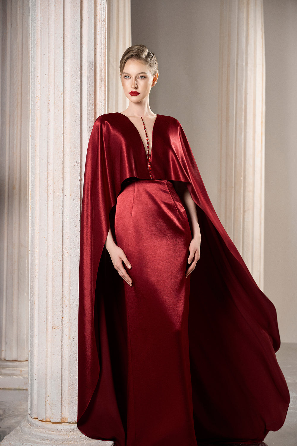 Dress Luxurious silk column gown dramatic cape silhouette