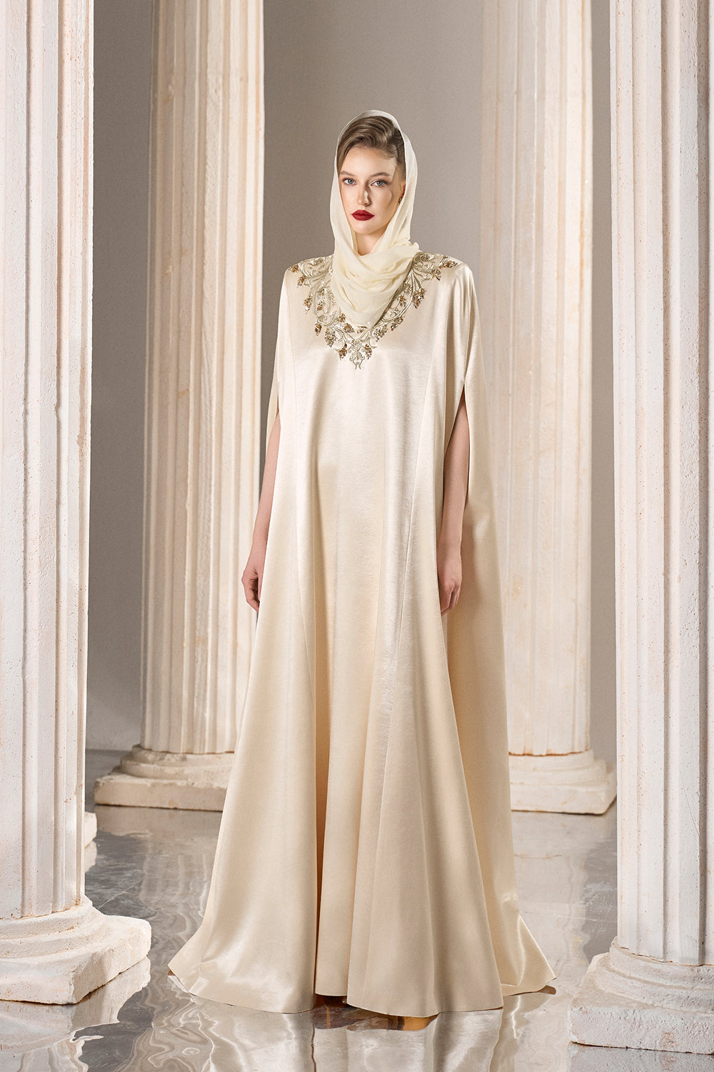 Dress Flowing denim caftan, elegant embroidered neckline