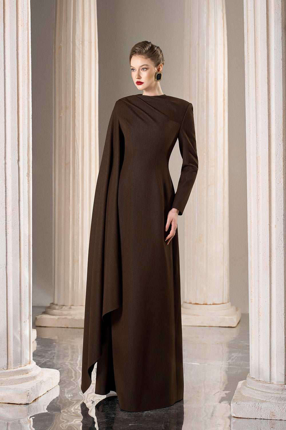 Dress Fitted column gown, draped neck, dramatic side cape