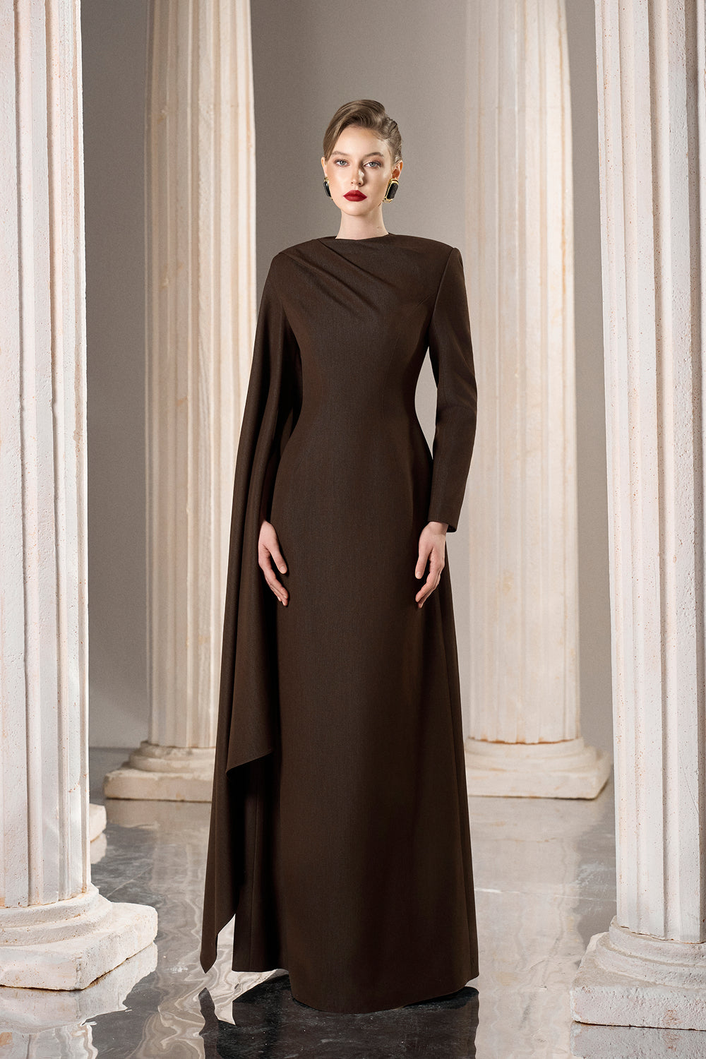 Dress Fitted column gown, draped neck, dramatic side cape