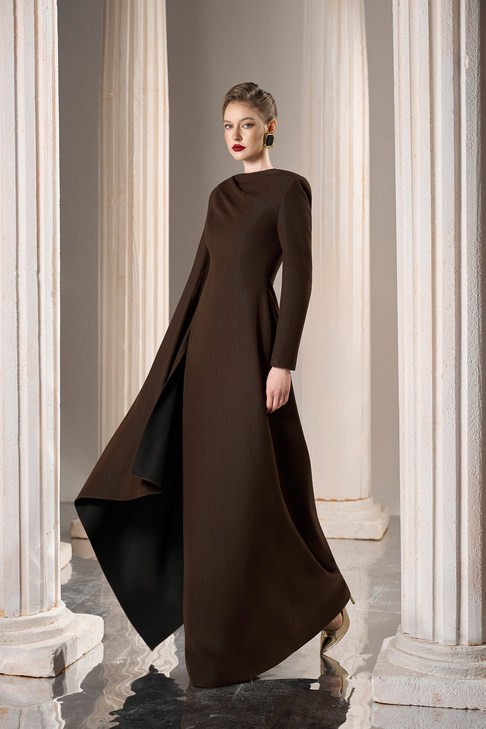Dress Fitted column gown, draped neck, dramatic side cape