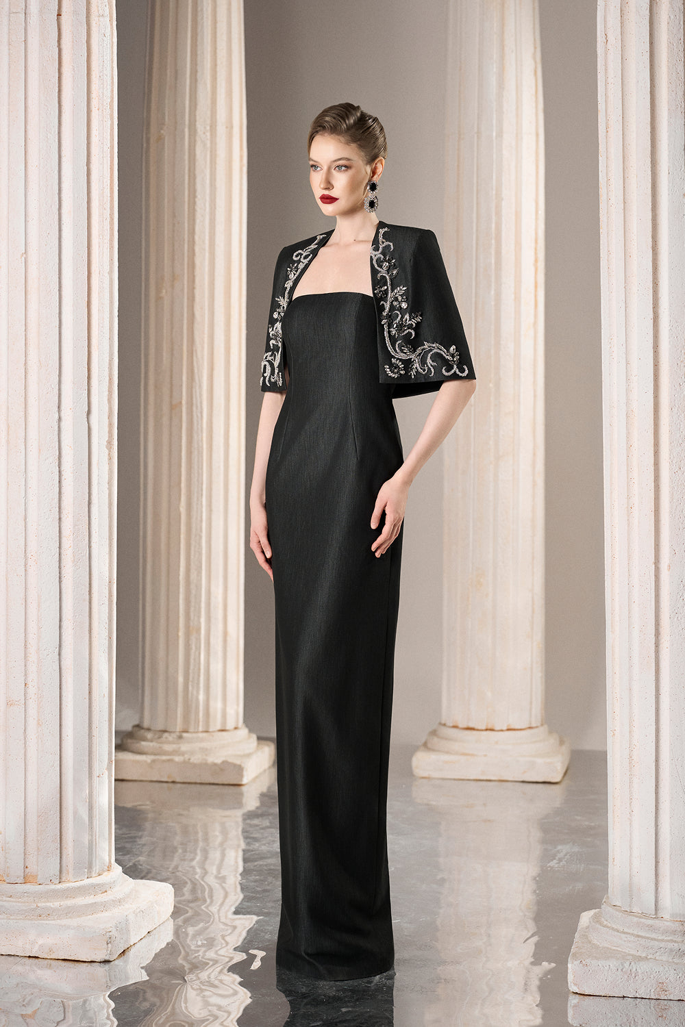 Dress Strapless column dress, tailored silver-beaded jacket