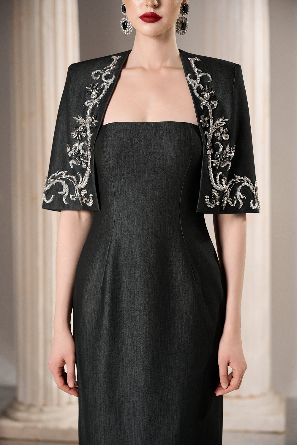 Dress Strapless column dress, tailored silver-beaded jacket