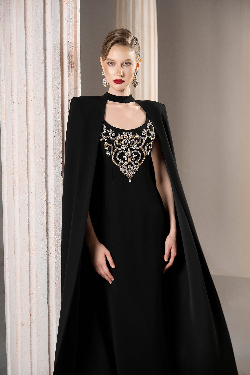 Dress Elegant black dress, full shoulder cape, crystal neckline