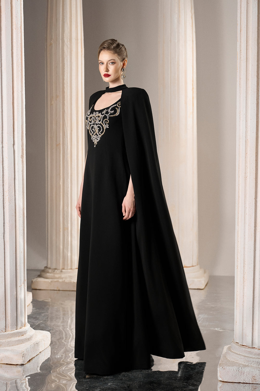 Dress Elegant black dress, full shoulder cape, crystal neckline