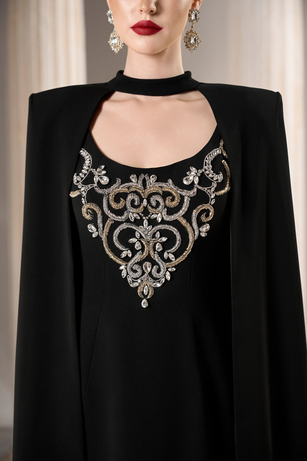 Dress Elegant black dress, full shoulder cape, crystal neckline