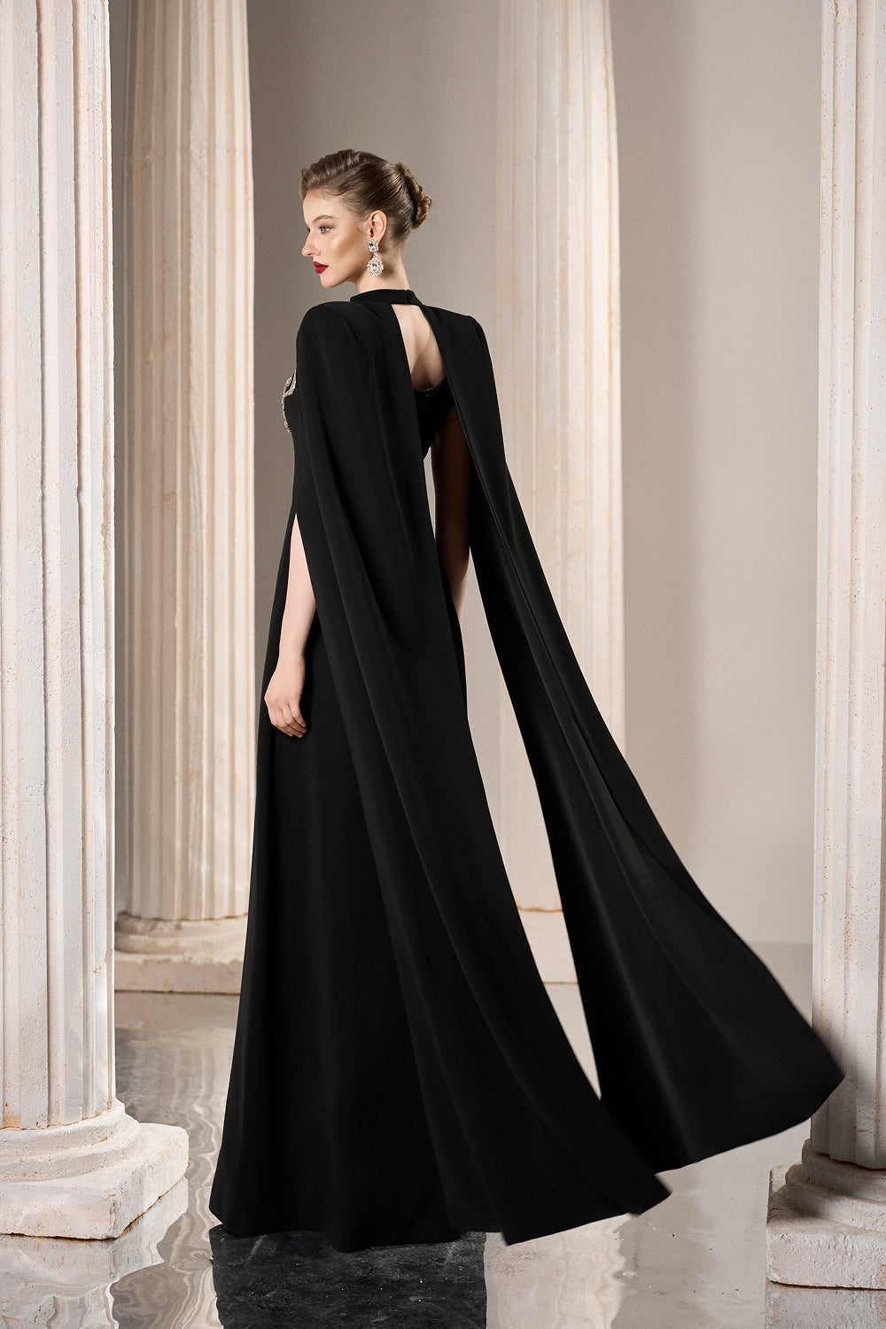 Dress Elegant black dress, full shoulder cape, crystal neckline