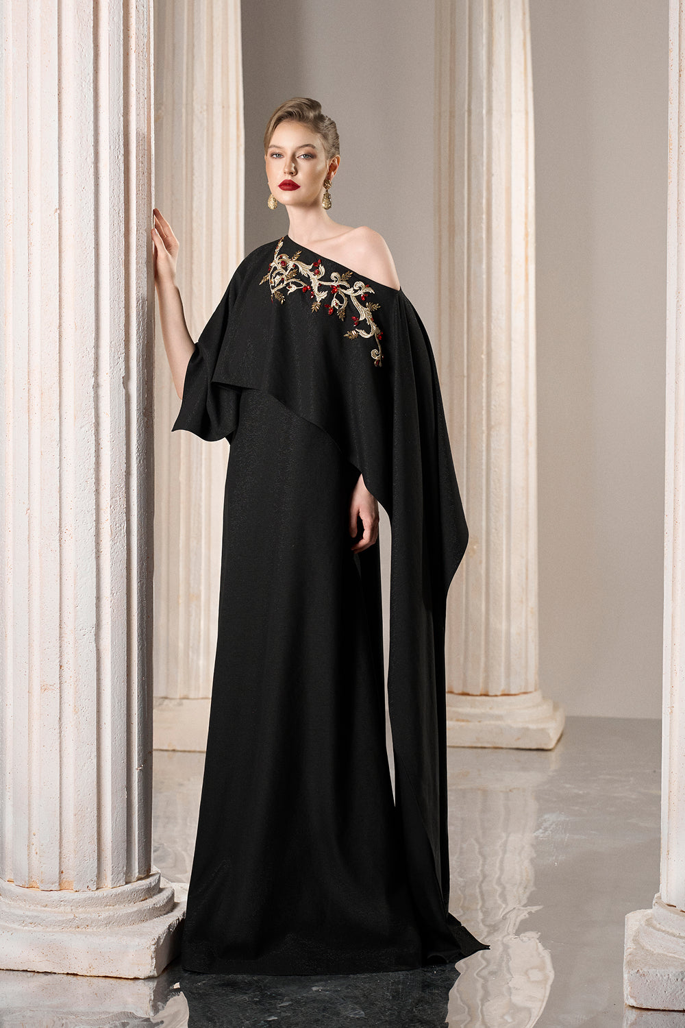 Dress Asymmetric black gown, single shoulder, layered cape effec