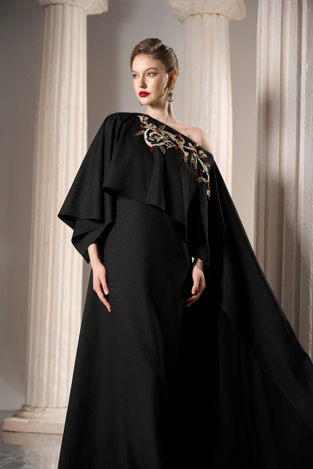 Dress Asymmetric black gown, single shoulder, layered cape effec