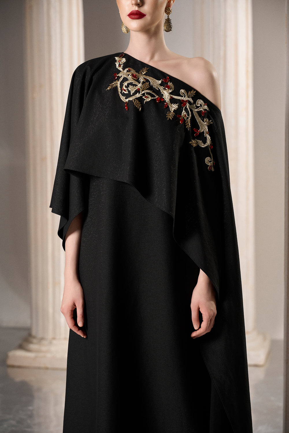 Dress Asymmetric black gown, single shoulder, layered cape effec