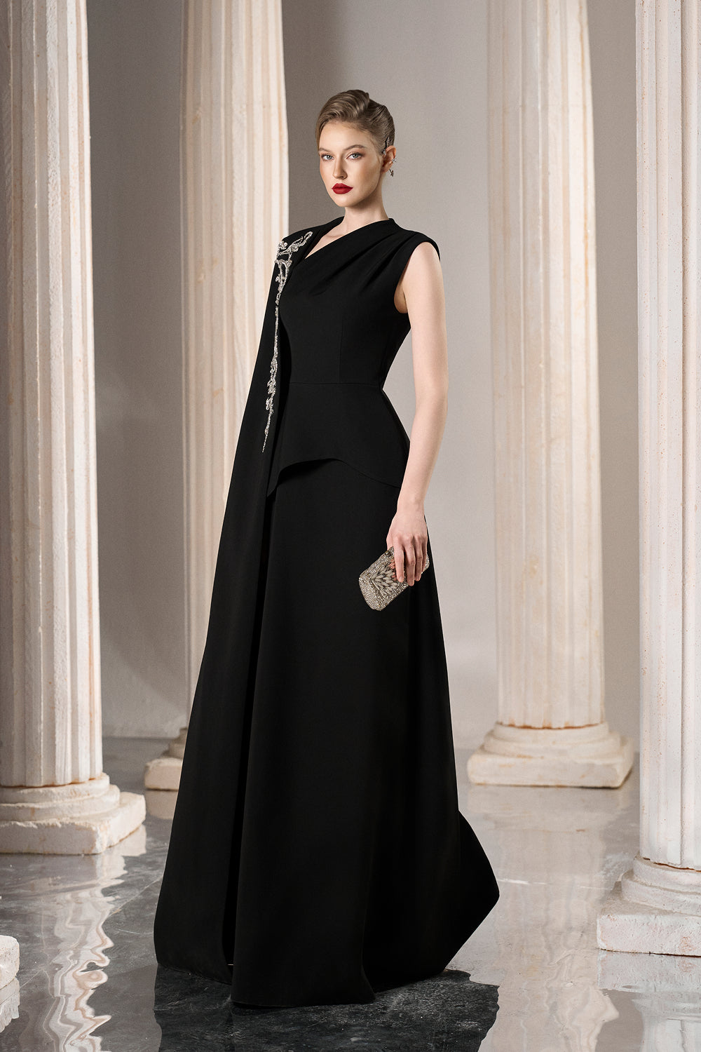 Dress Fitted black evening gown asymmetric beaded drape
