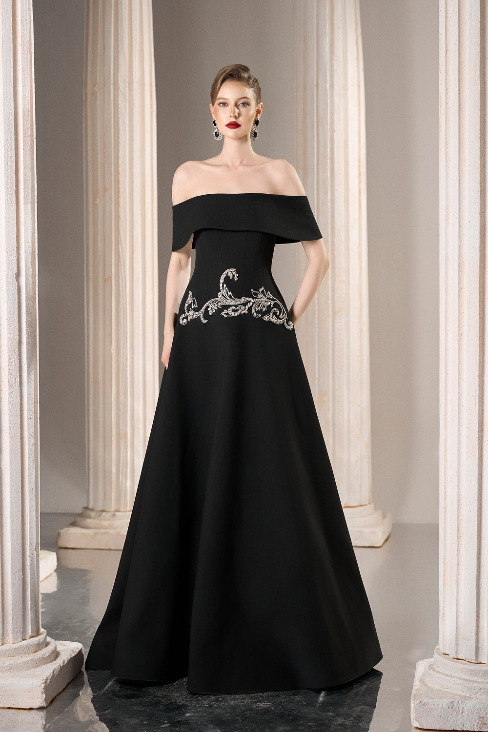 Dress Black off-shoulder gown, fitted bodice, crystal waist