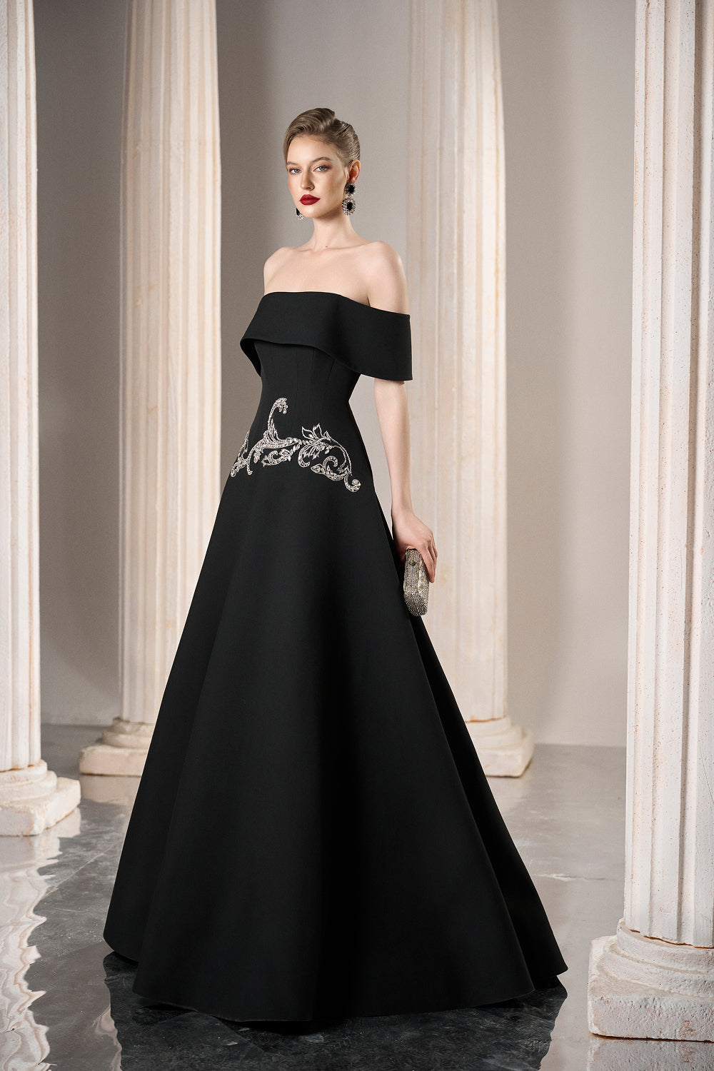 Dress Black off-shoulder gown, fitted bodice, crystal waist