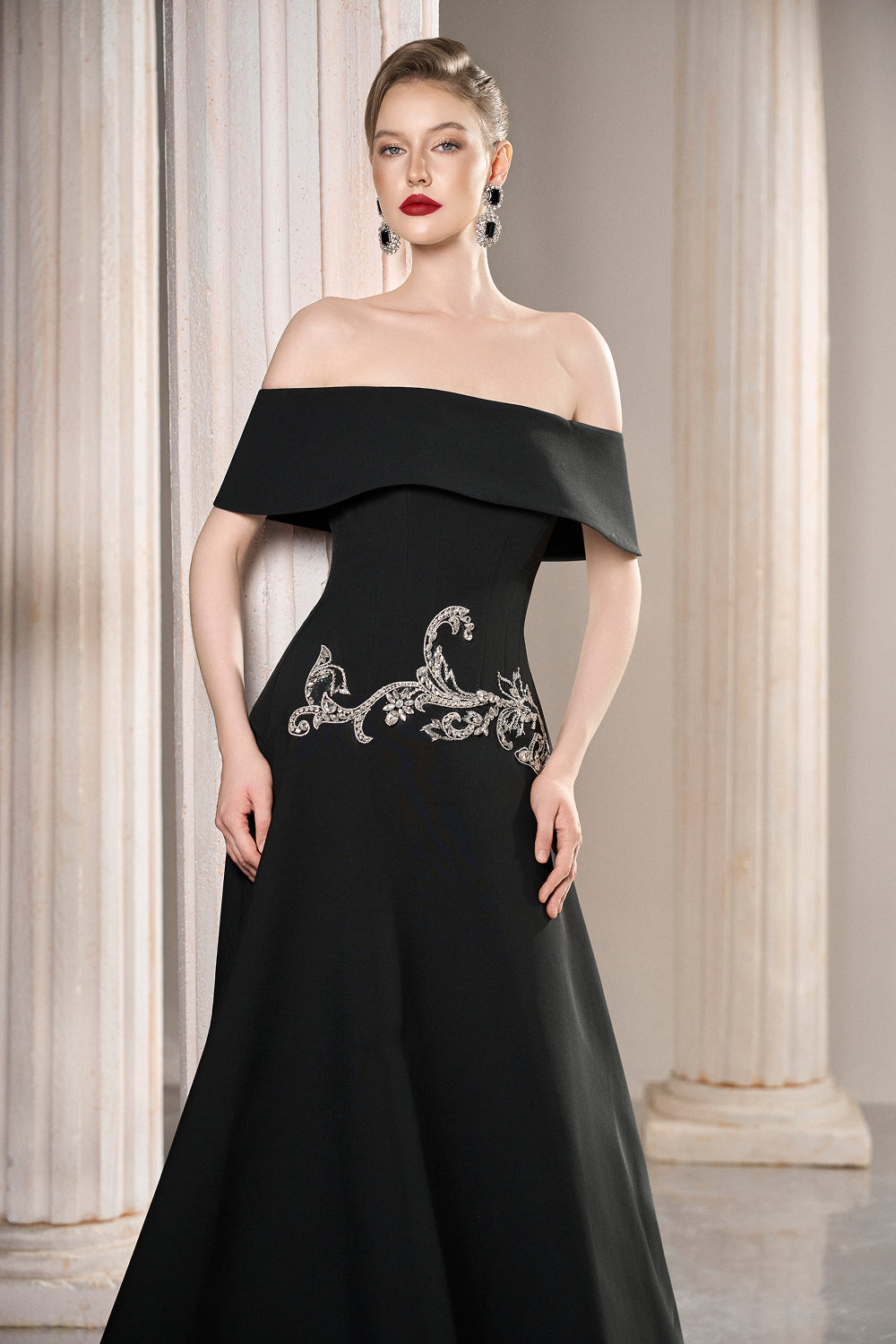 Dress Black off-shoulder gown, fitted bodice, crystal waist
