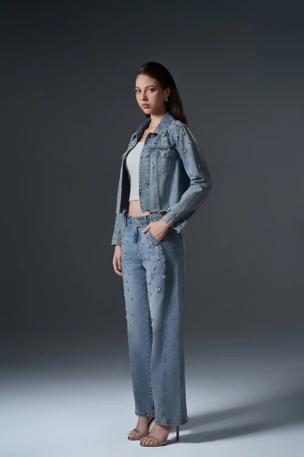 Crystal Embellished Wide-Leg Jeans