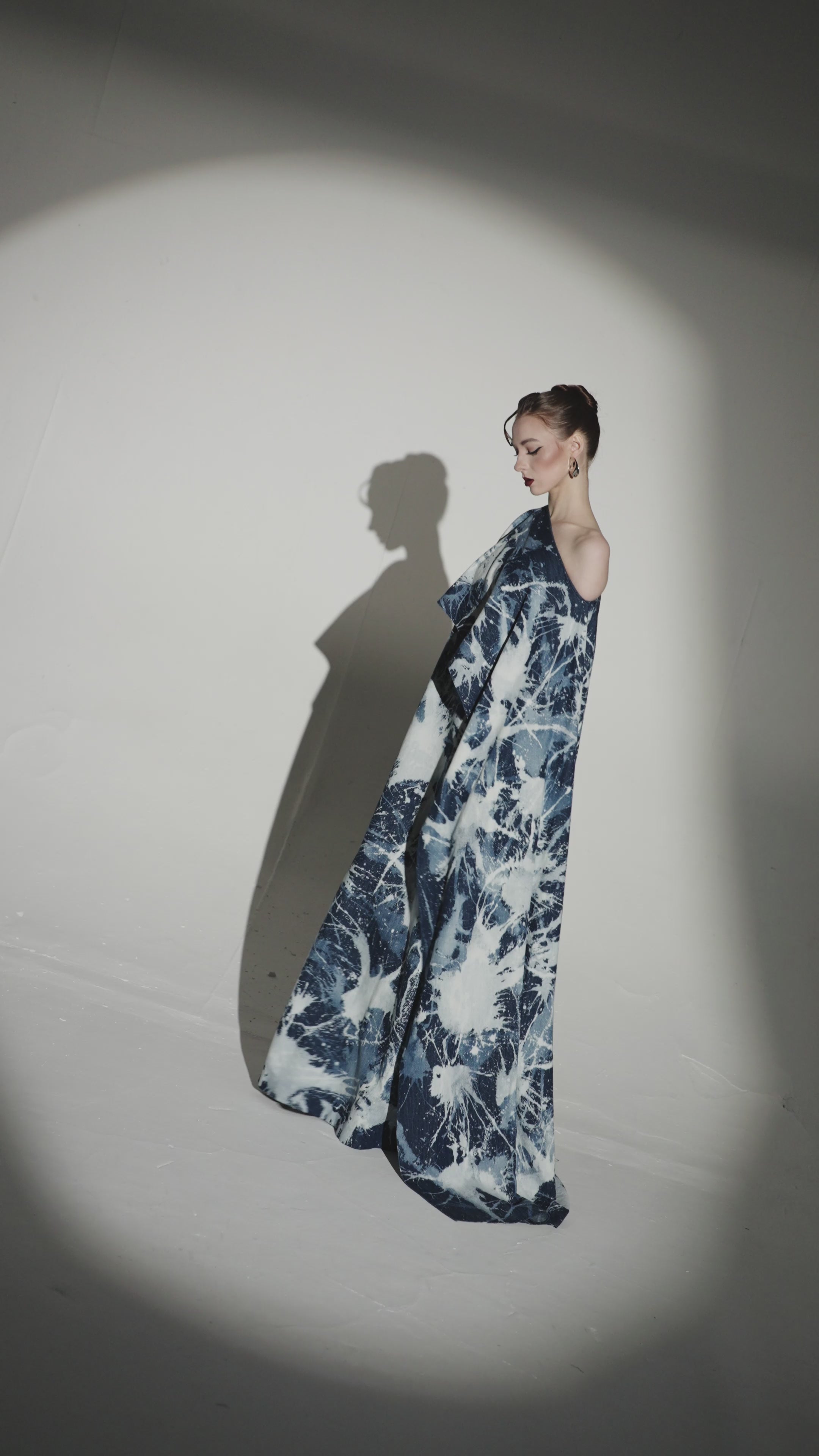 Marbling Asymmetric Off-Shoulder Denim Cape Dress