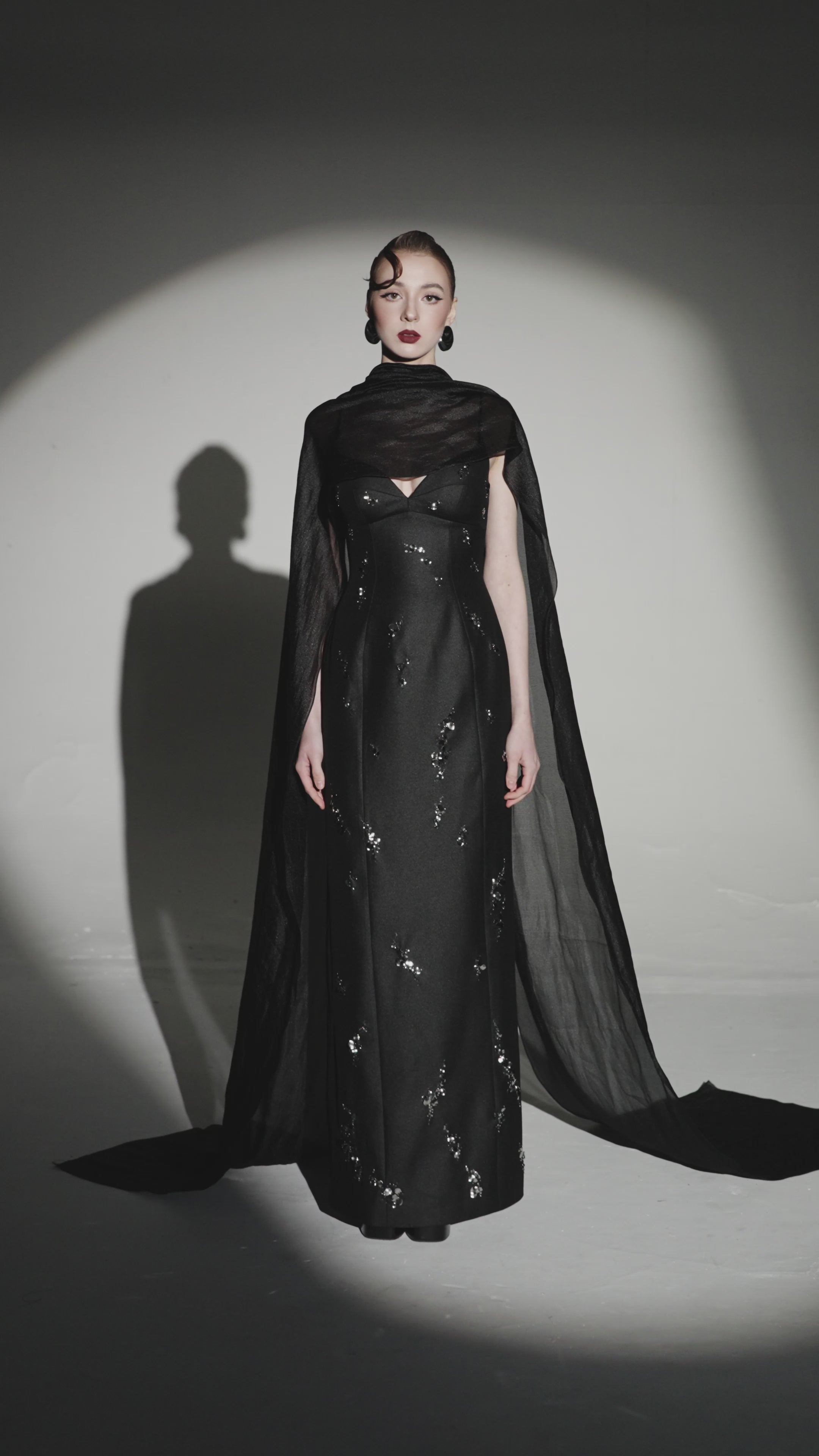 Wavy-Embellished Cat-Eye Column Dress with Scarf Overlay