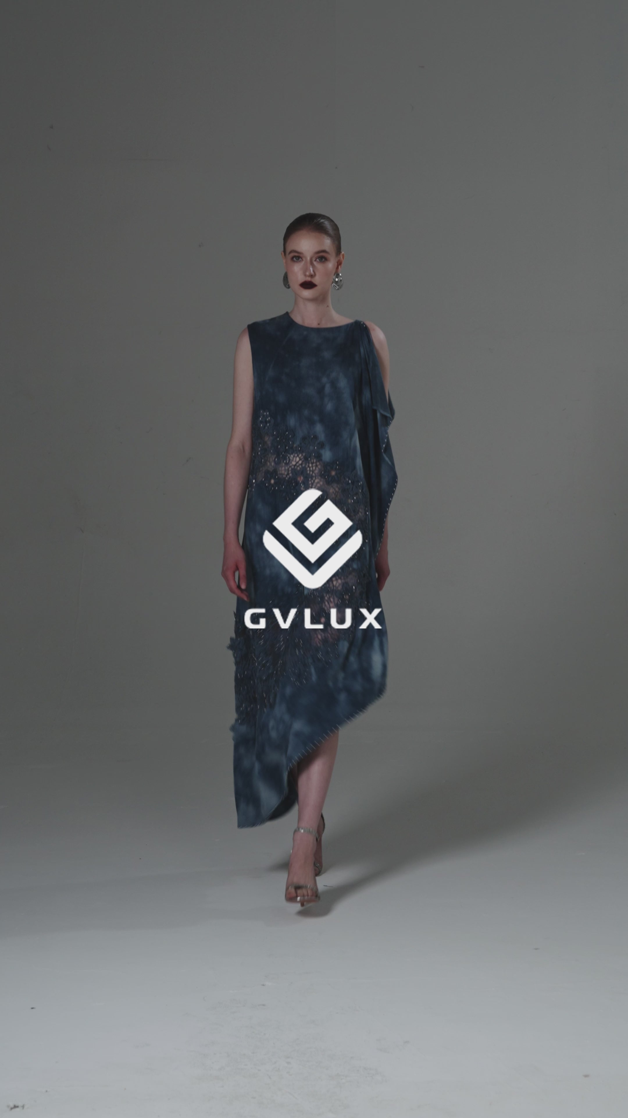 Marbled Denim Dress with Floral Lace and Rivet Detailing