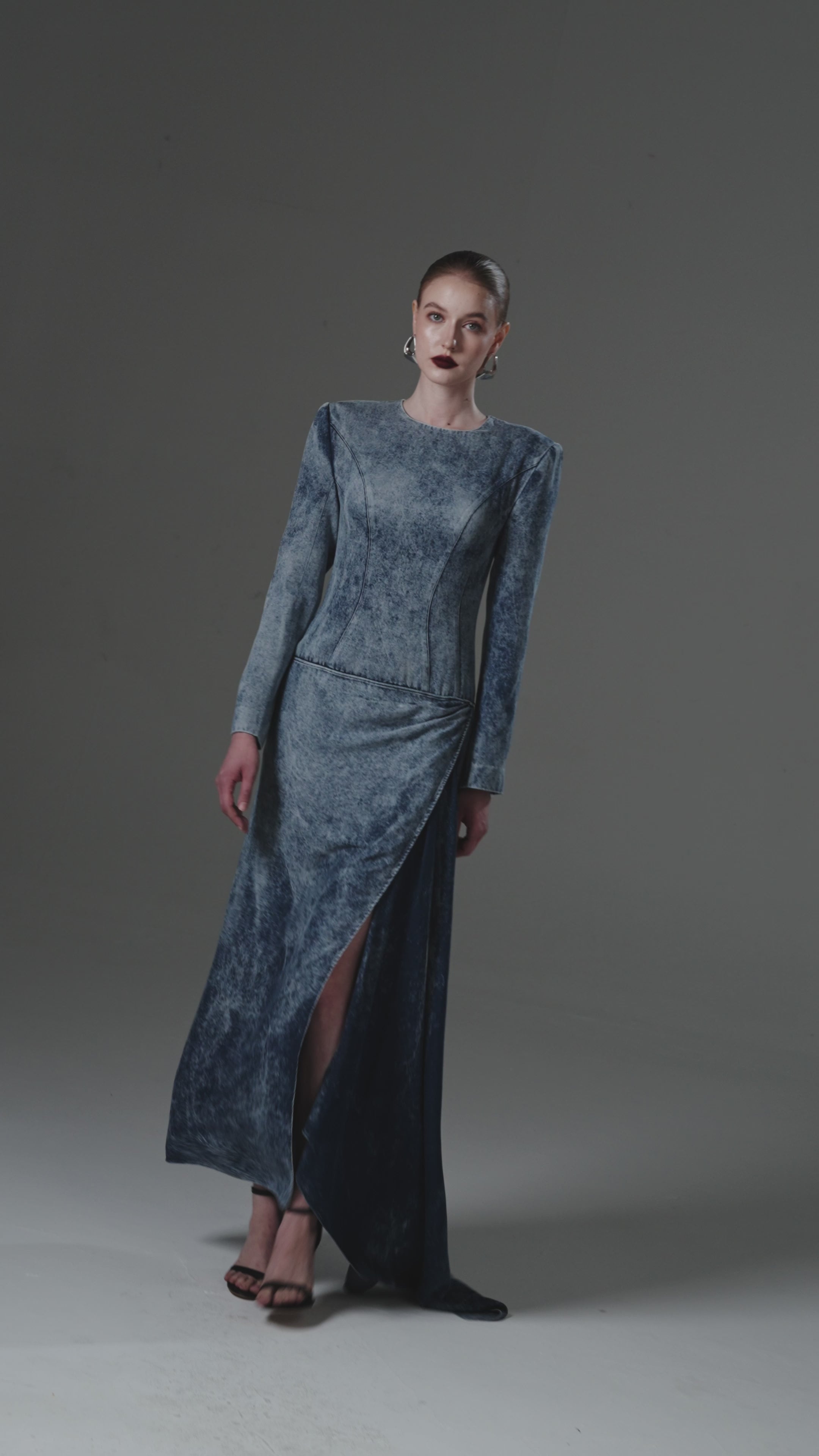 Acid-Wash Dress with an Asymmetrical Pleated Drape