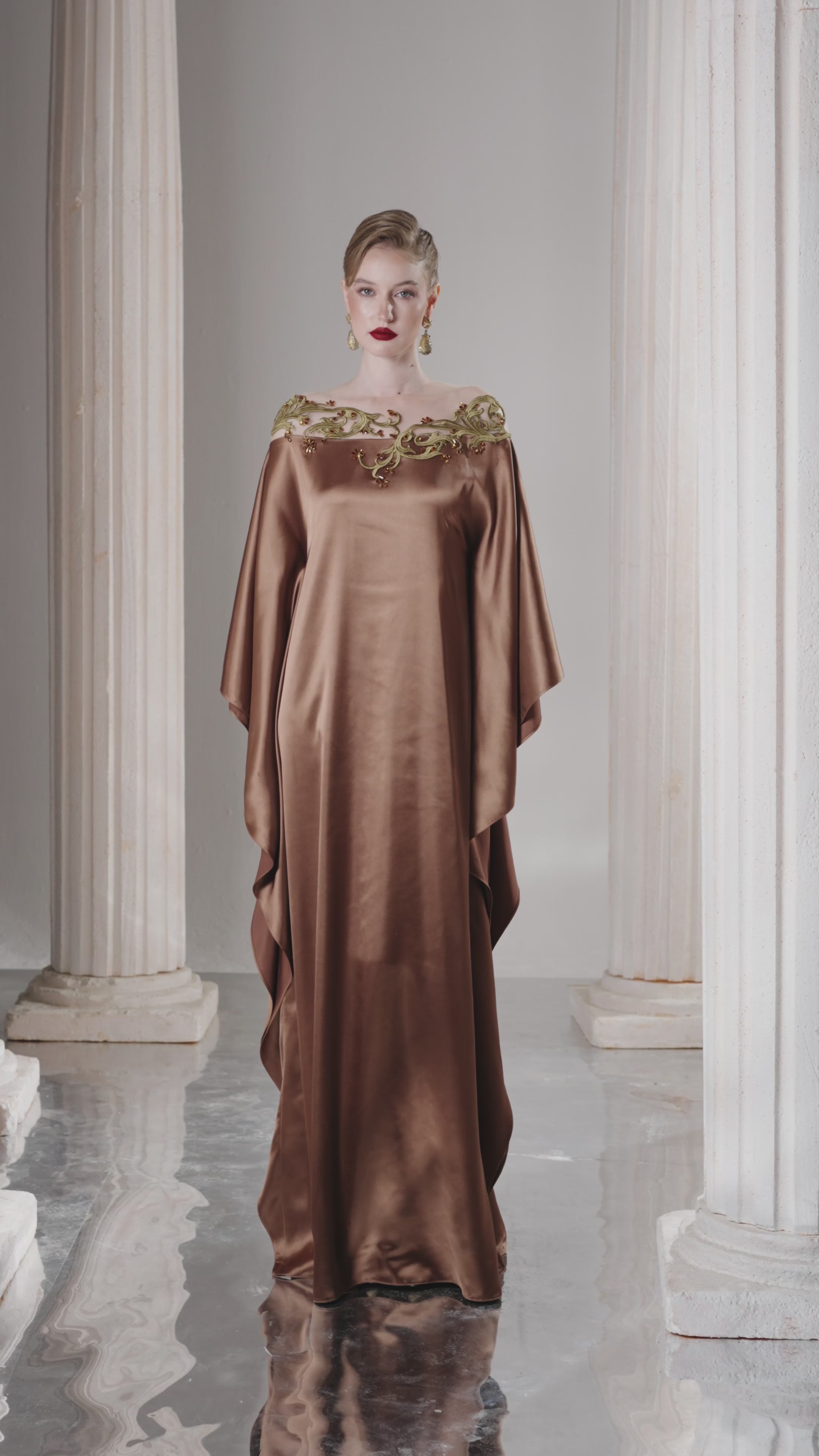 Dress Off-shoulder silk caftan, gold embroidery detail