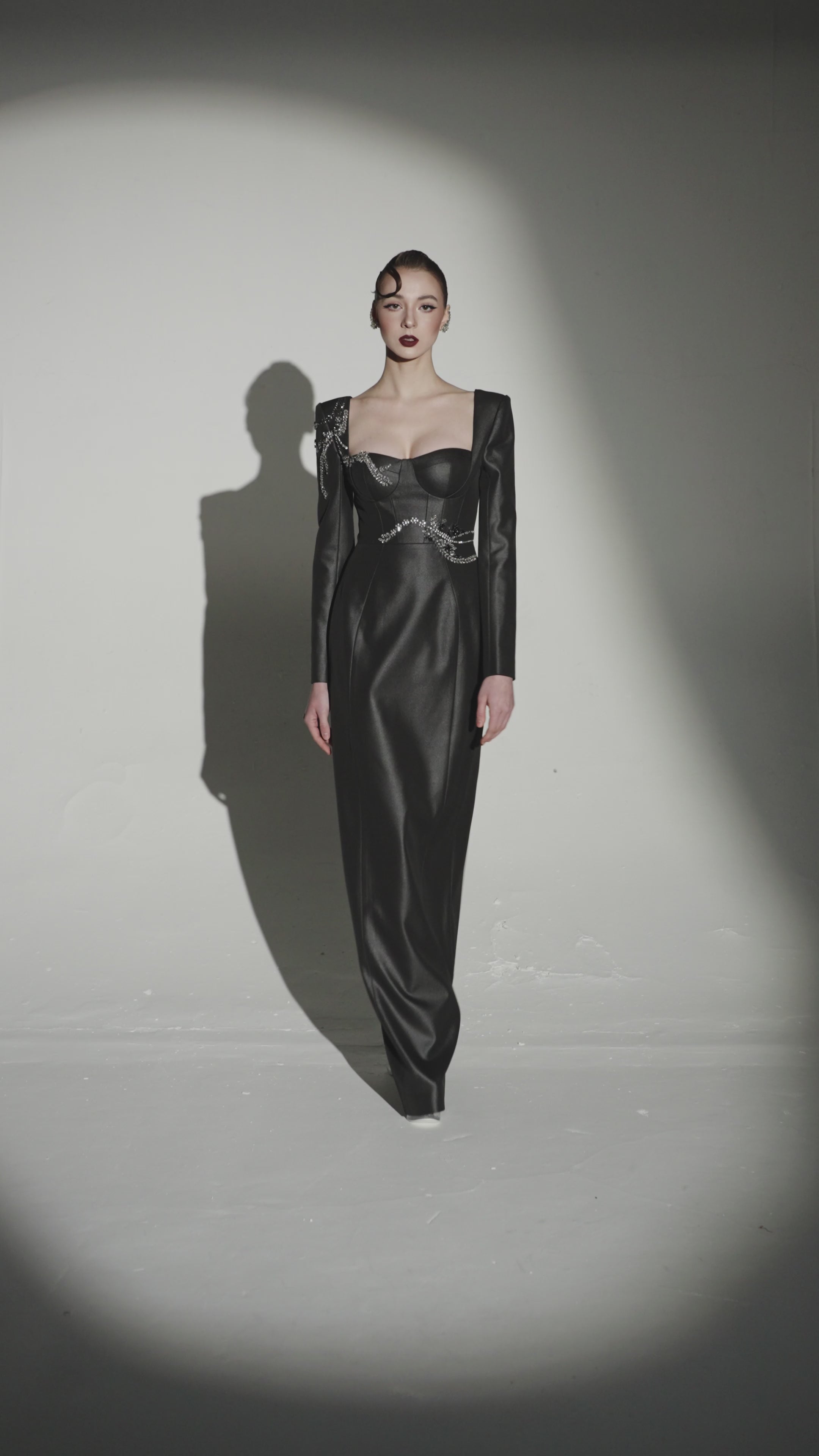 Rococo Crystal Embellished U-Neck Long Sleeve Dress