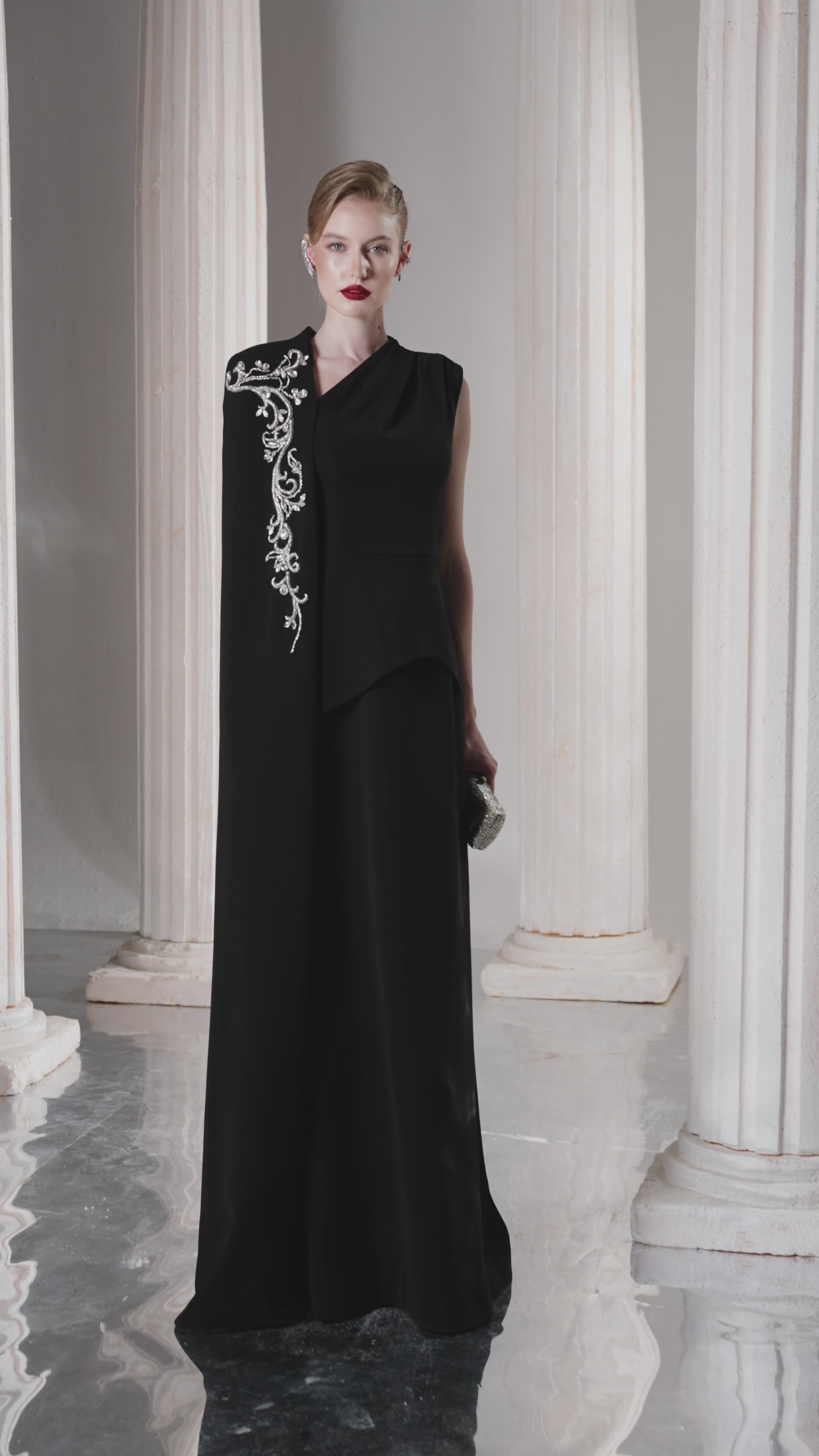 Dress Fitted black evening gown asymmetric beaded drape