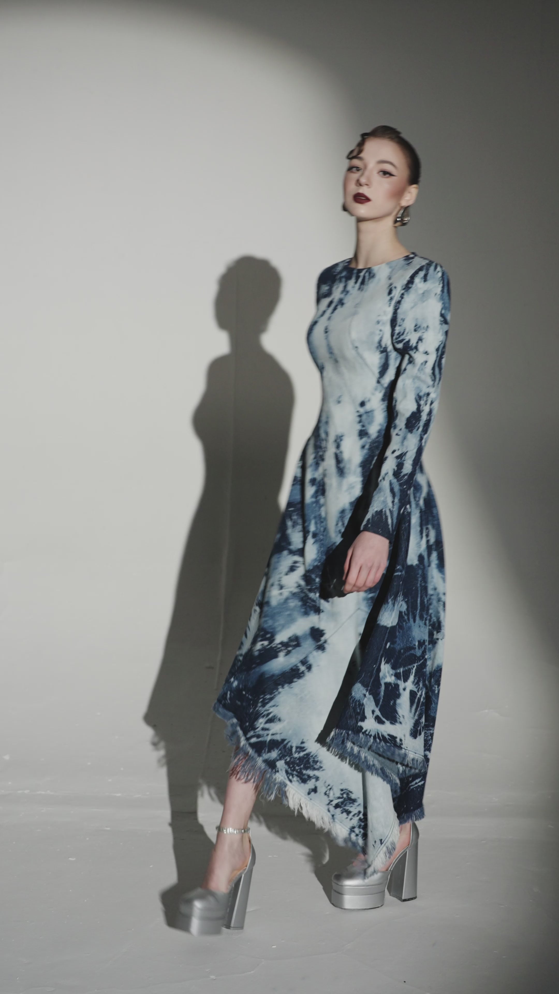 High-Low Marbling Wash Fringe Denim Long Sleeve Dress