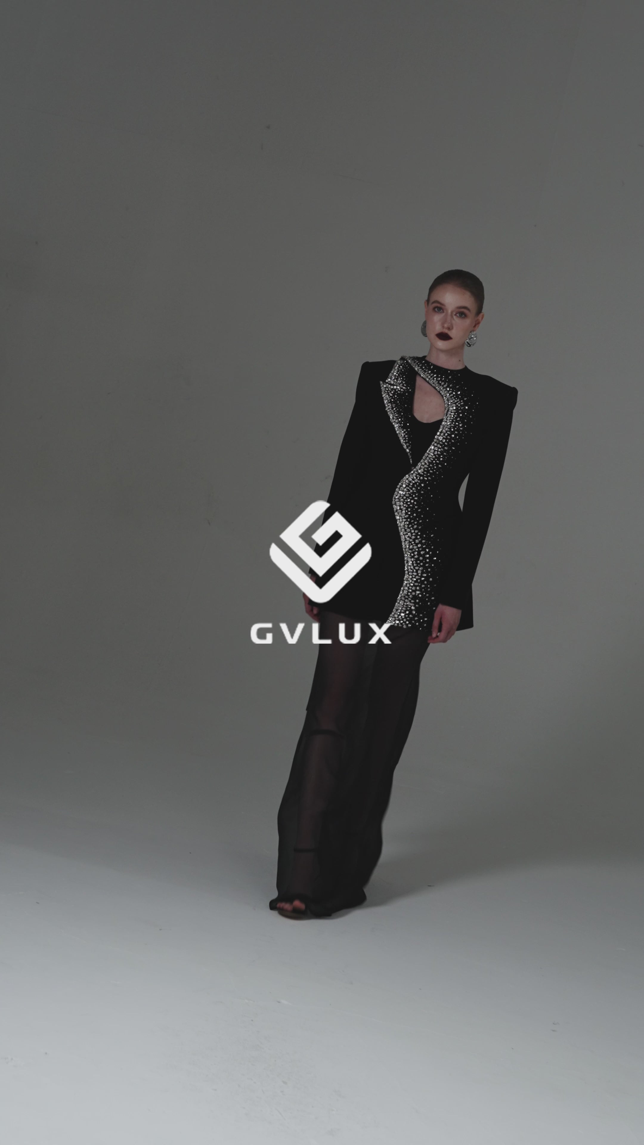 Asymmetrical Blazer with a Draped Scarf and Crystal Embellishments