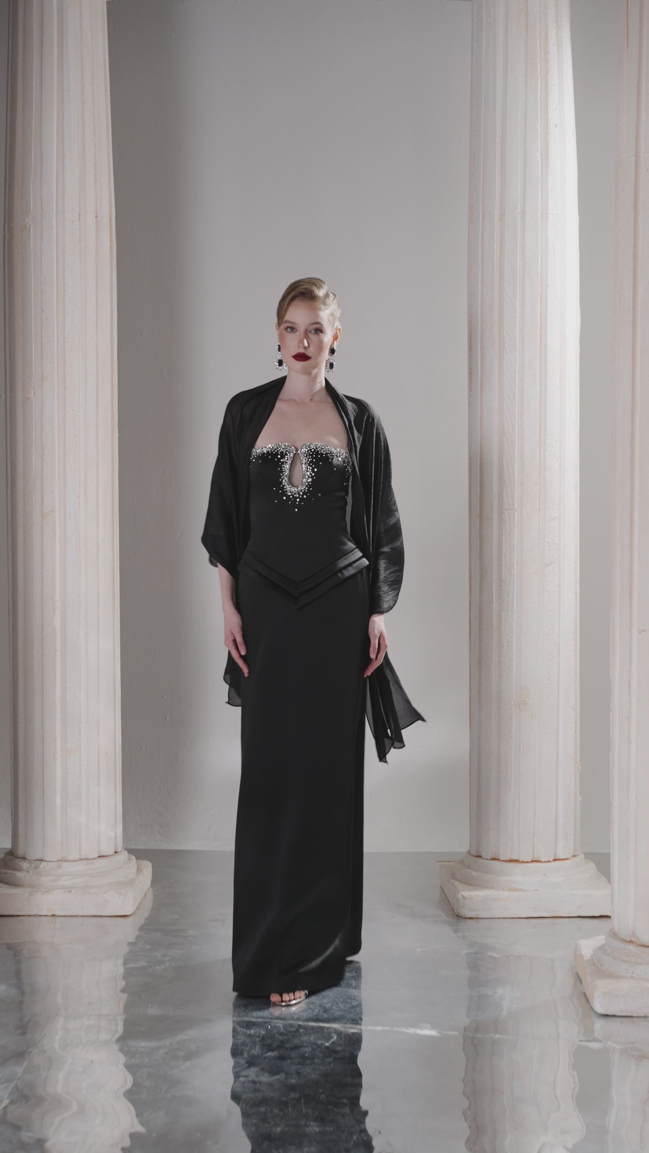 Dress Strapless black gown, crystal keyhole, dramatic chiffon drape
