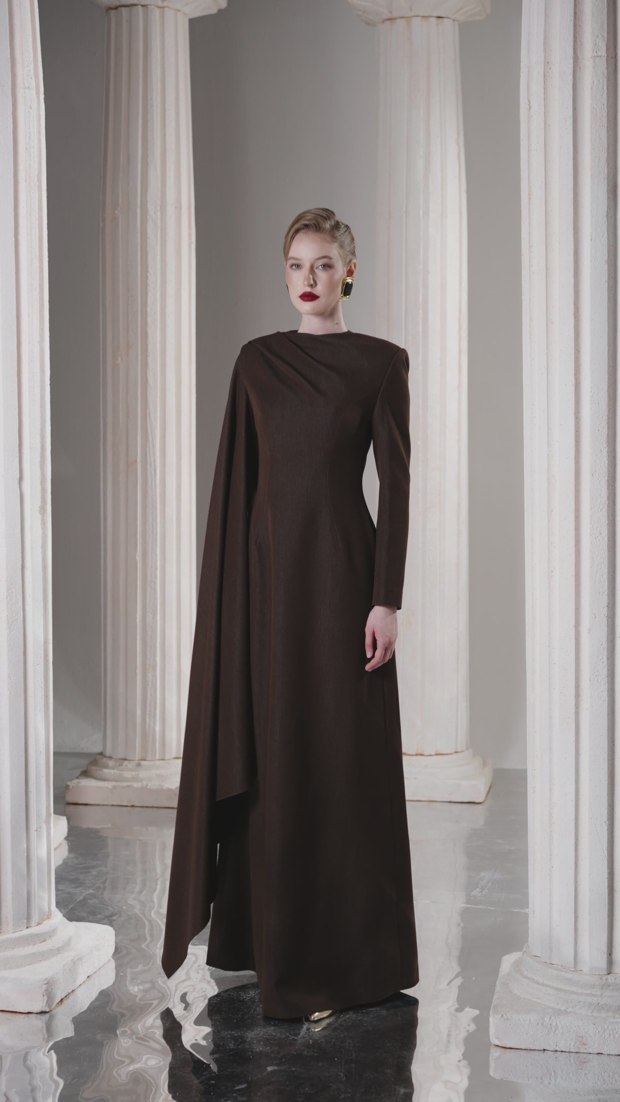 Dress Fitted column gown, draped neck, dramatic side cape