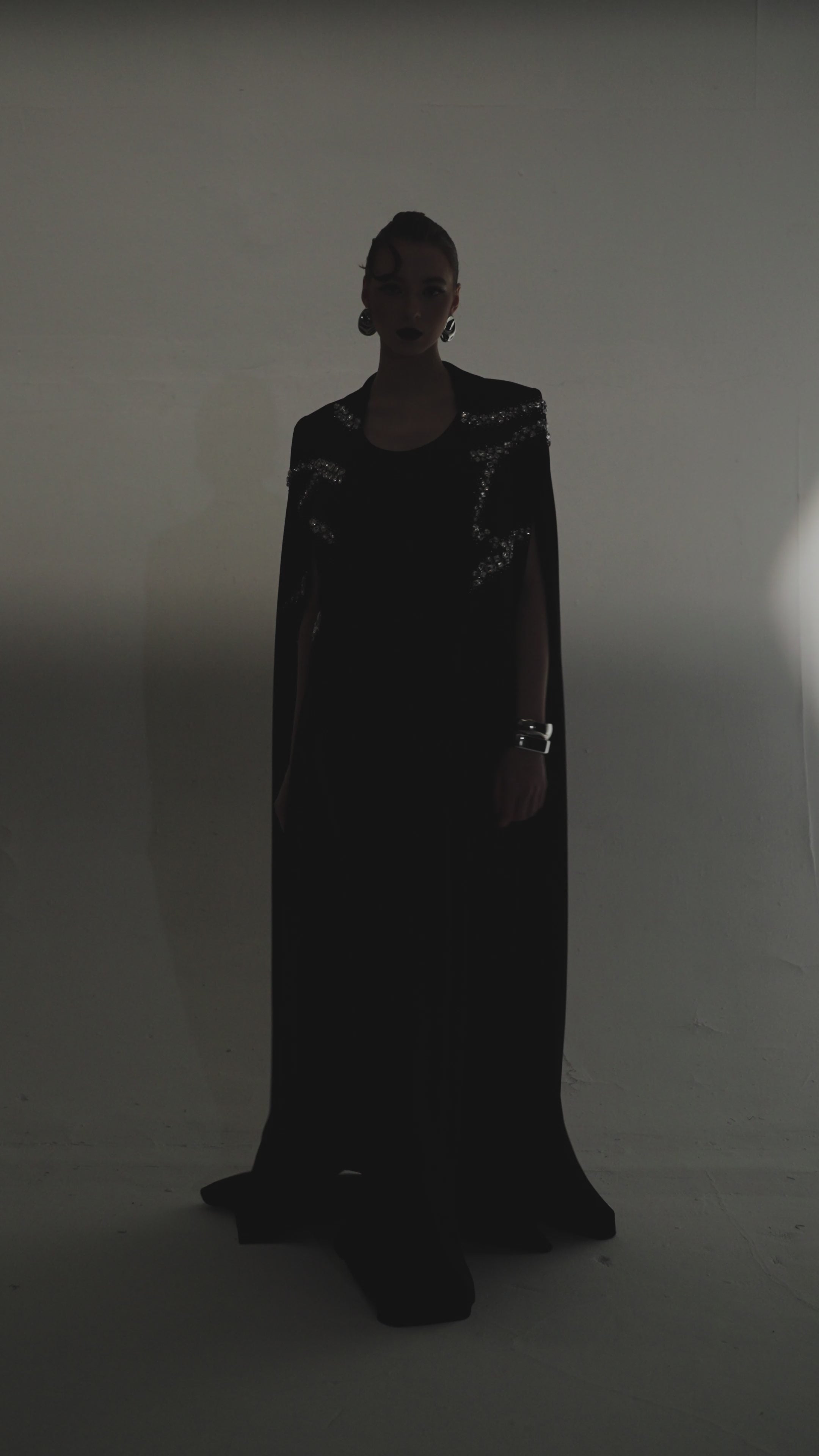 Wave-Embellished Velvet Satin Cape Dress