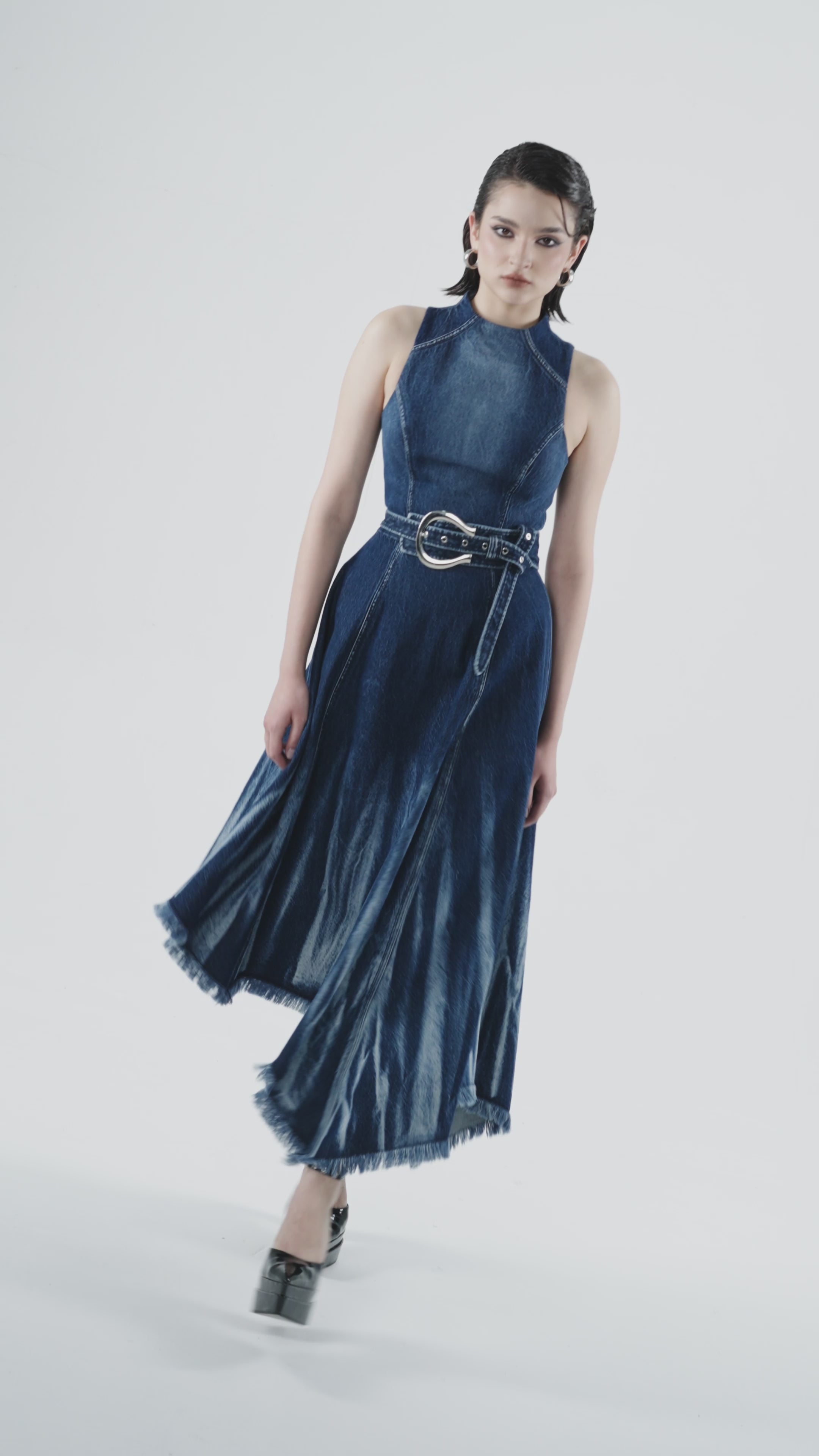 Sleeveless Corset Denim Dress with Fringed Hem