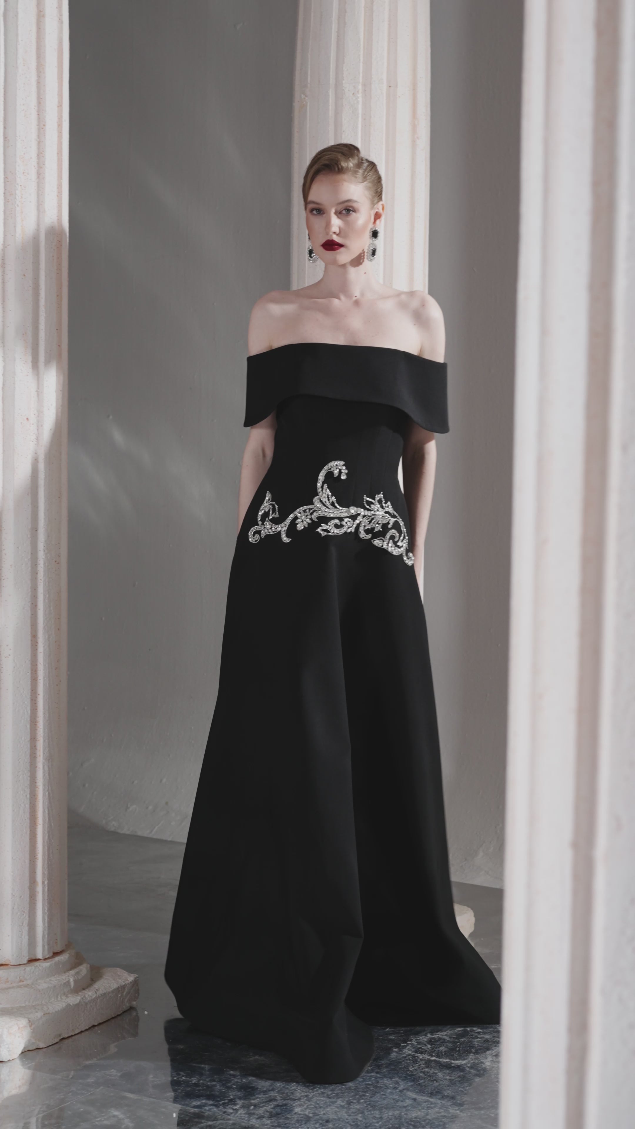Dress Black off-shoulder gown, fitted bodice, crystal waist
