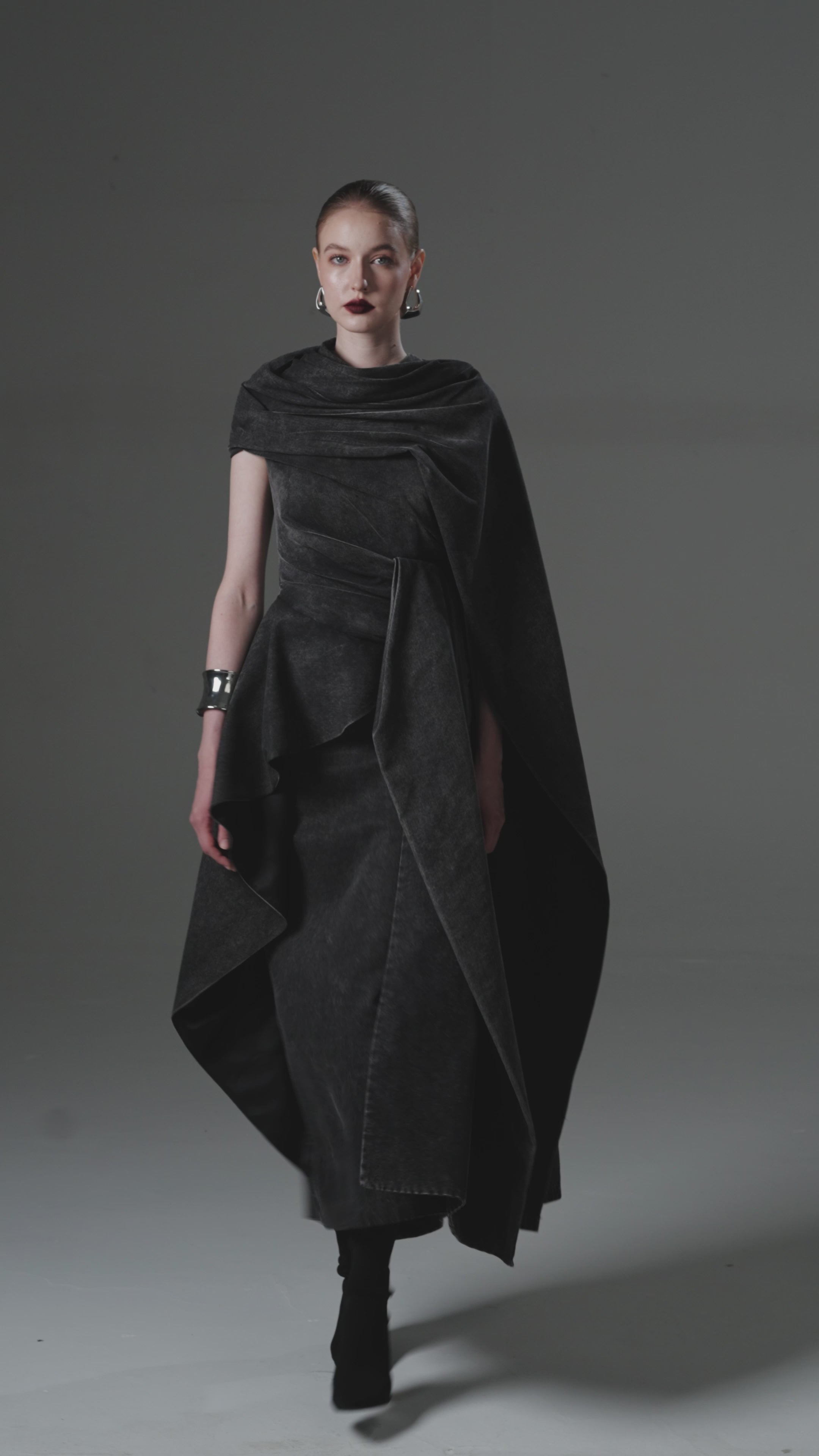 One-Shoulder Acid-Wash Draped Dress with a Matching Cape