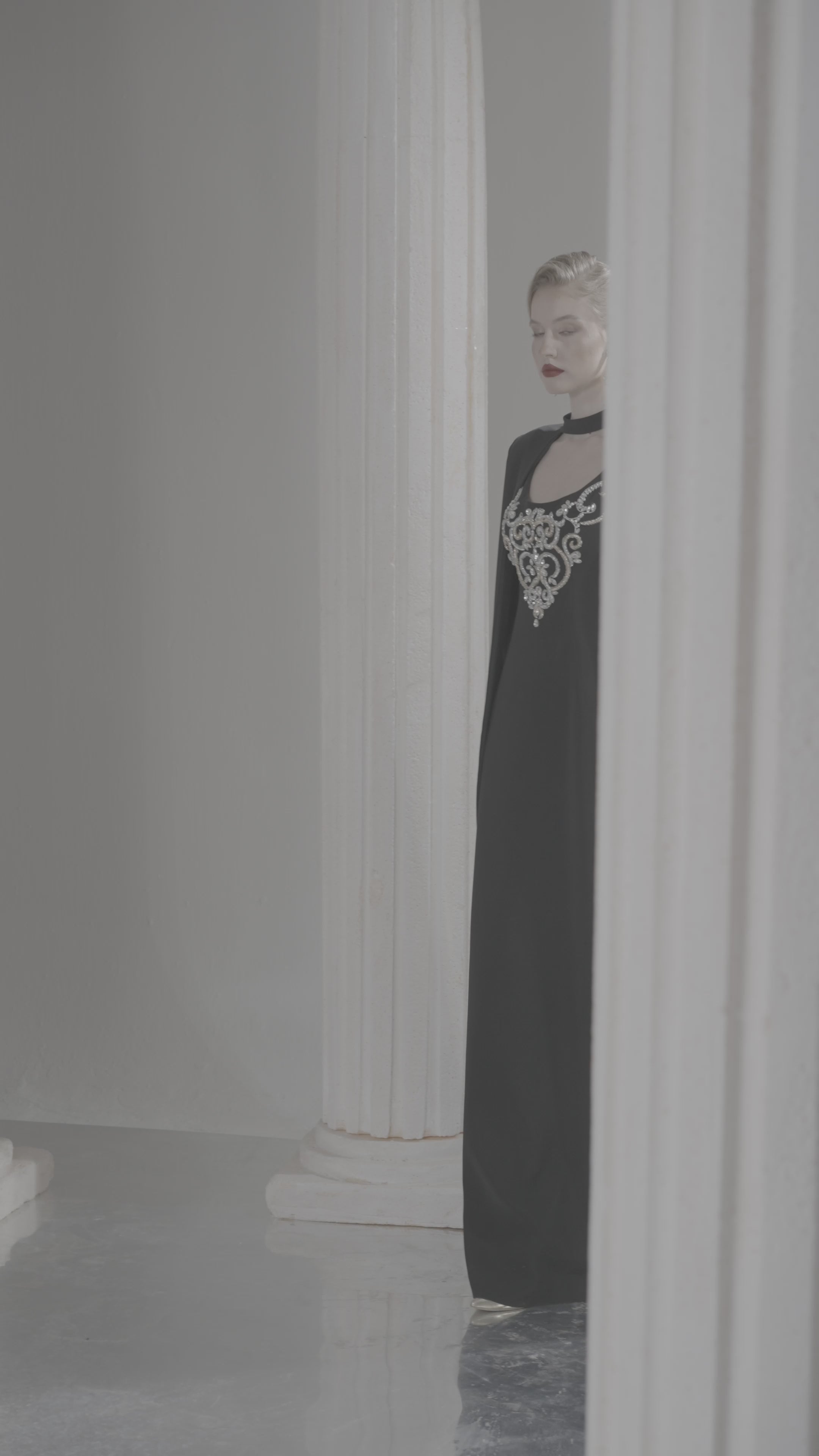 Dress Elegant black dress, full shoulder cape, crystal neckline