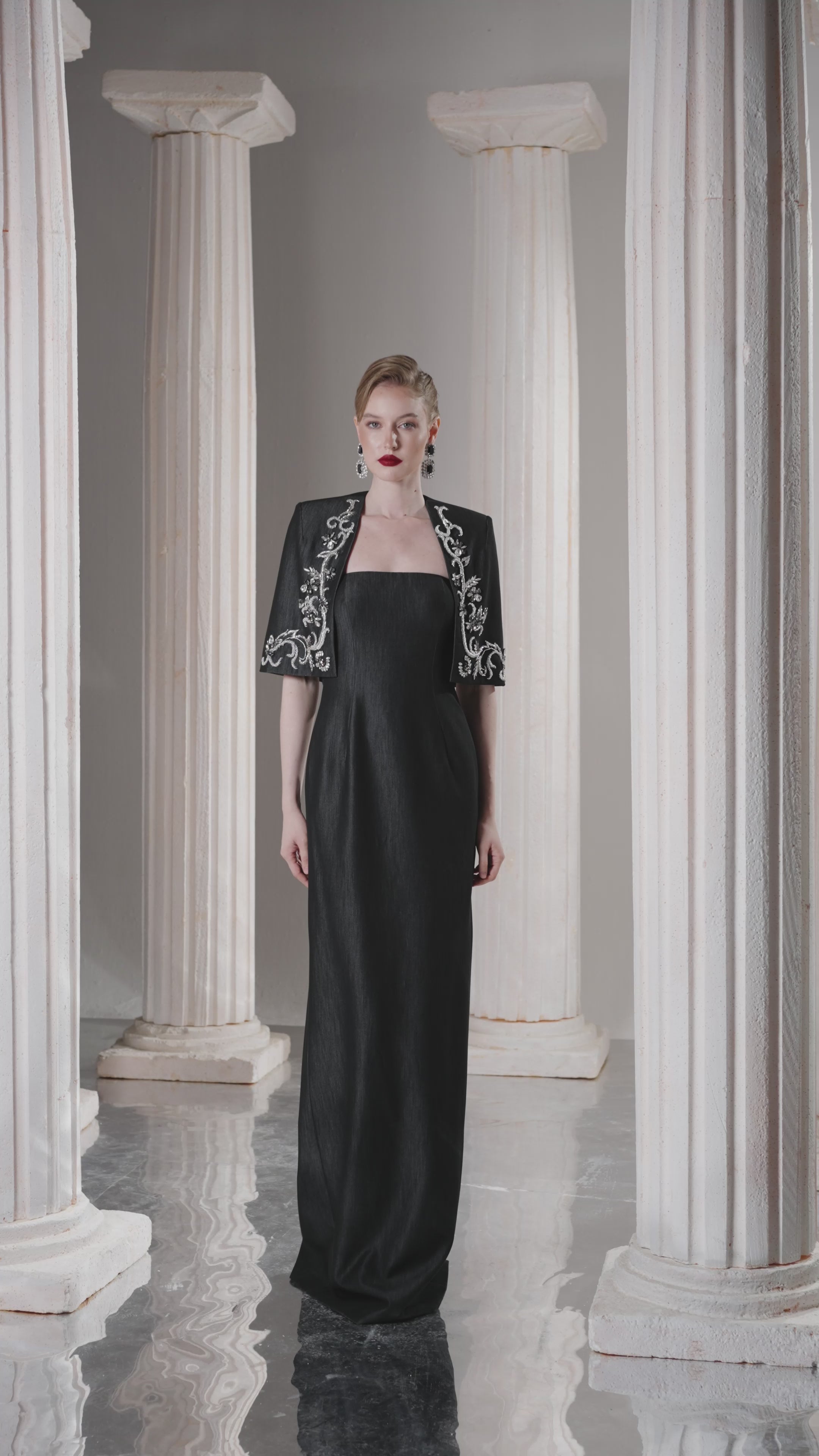 Dress Strapless column dress, tailored silver-beaded jacket