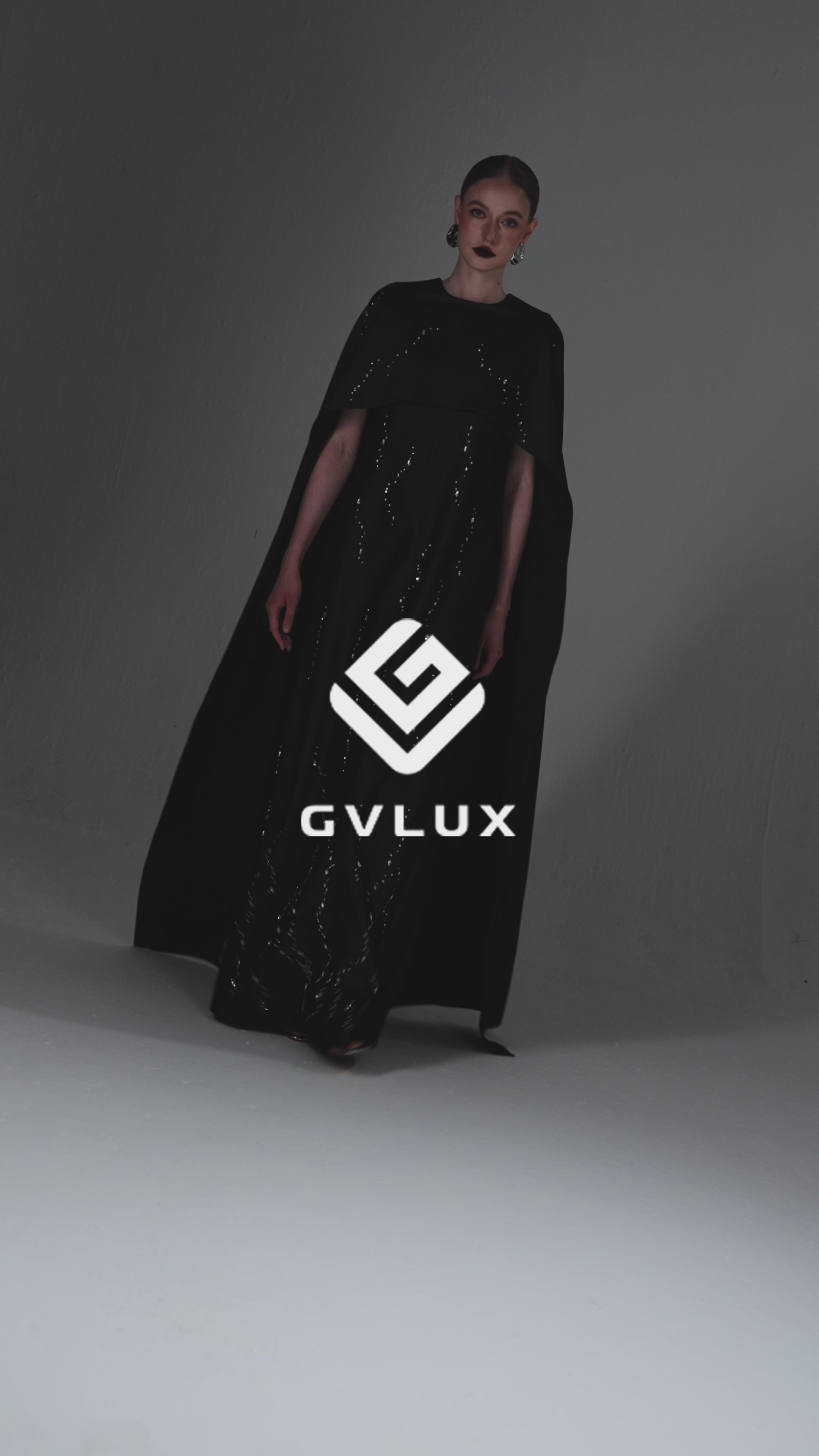 Long Dolman-Sleeve Gown with Exquisite Crystal Detailing