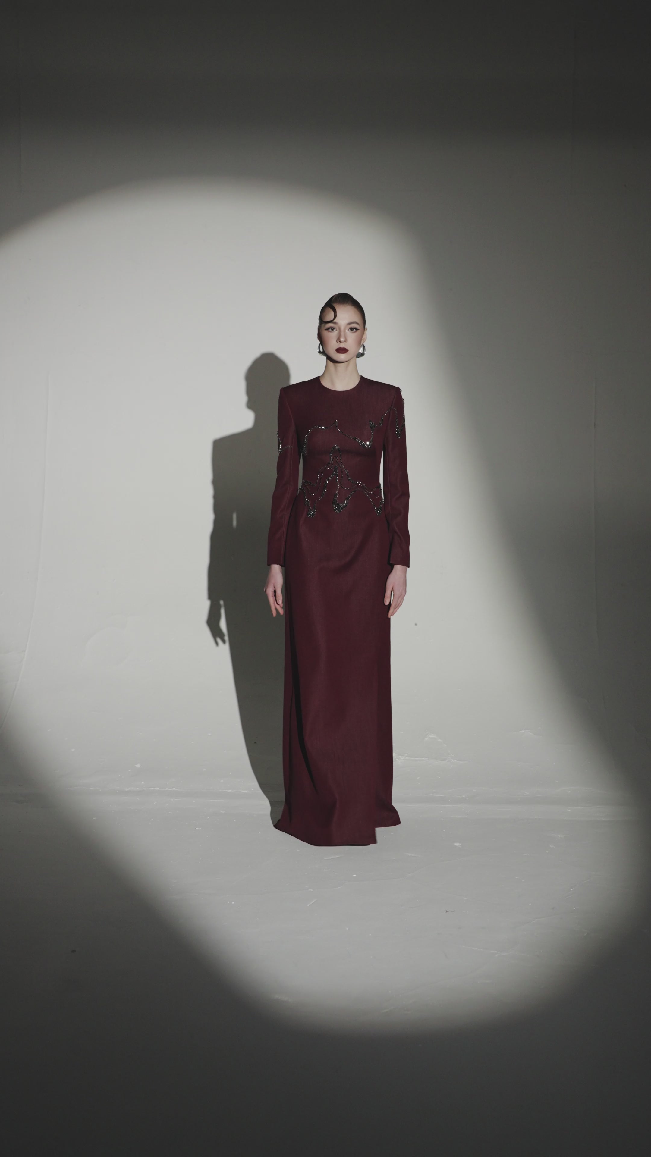 Wave-Embellished Long Sleeve A-Line Dress