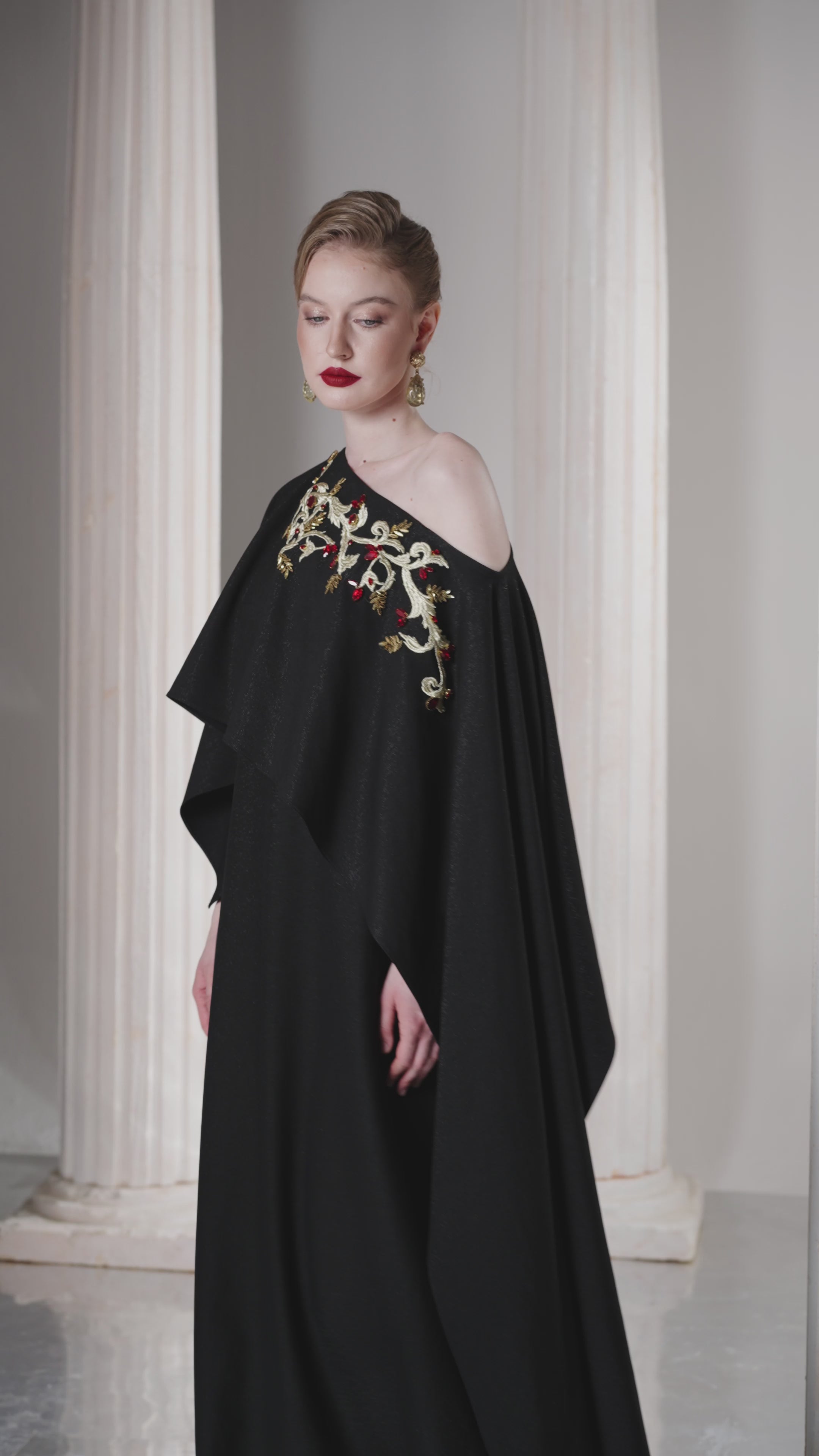 Dress Asymmetric black gown, single shoulder, layered cape effec