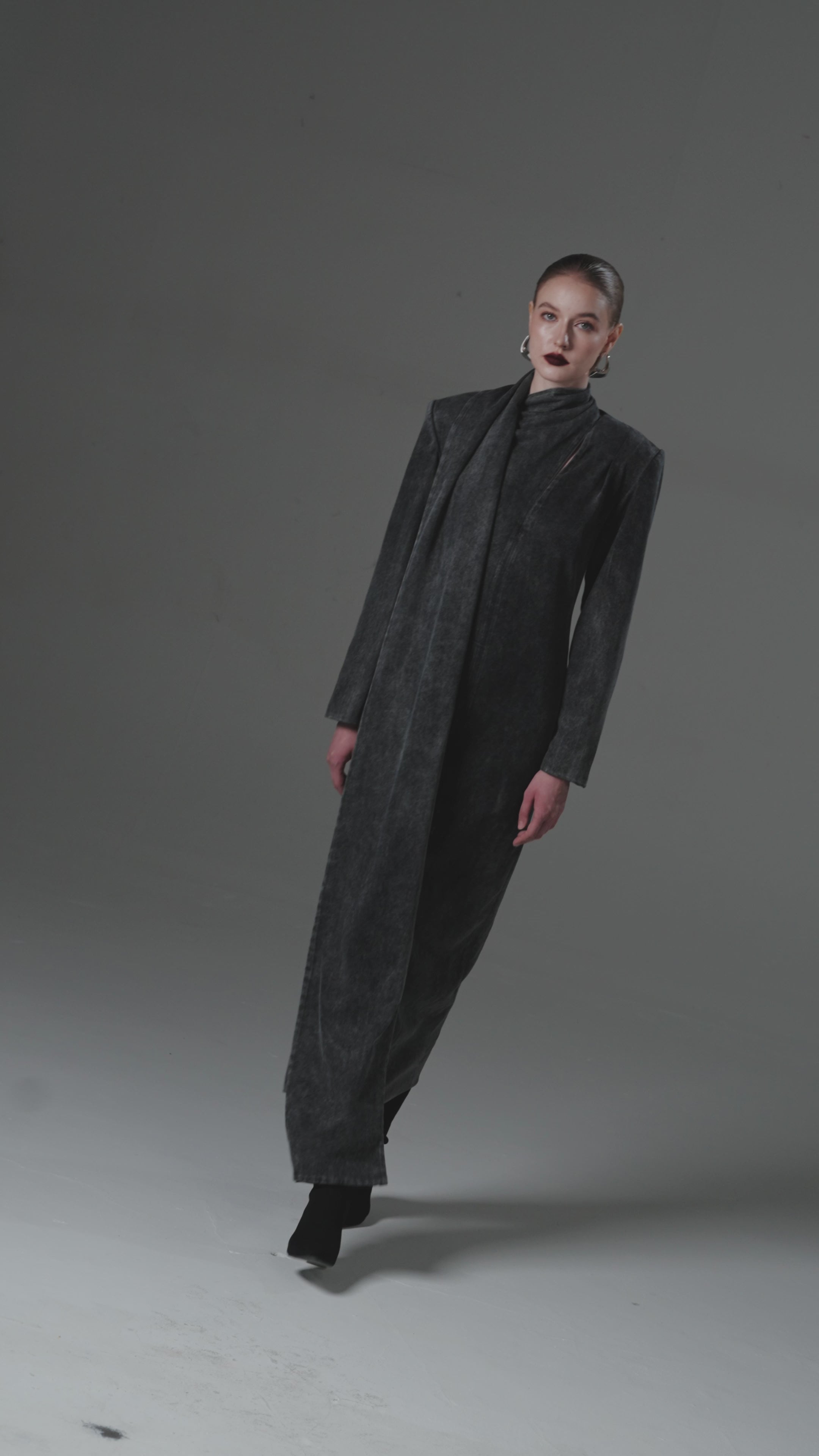 Asymmetrical High-Neck Dress with Draping and a Chest Cutout