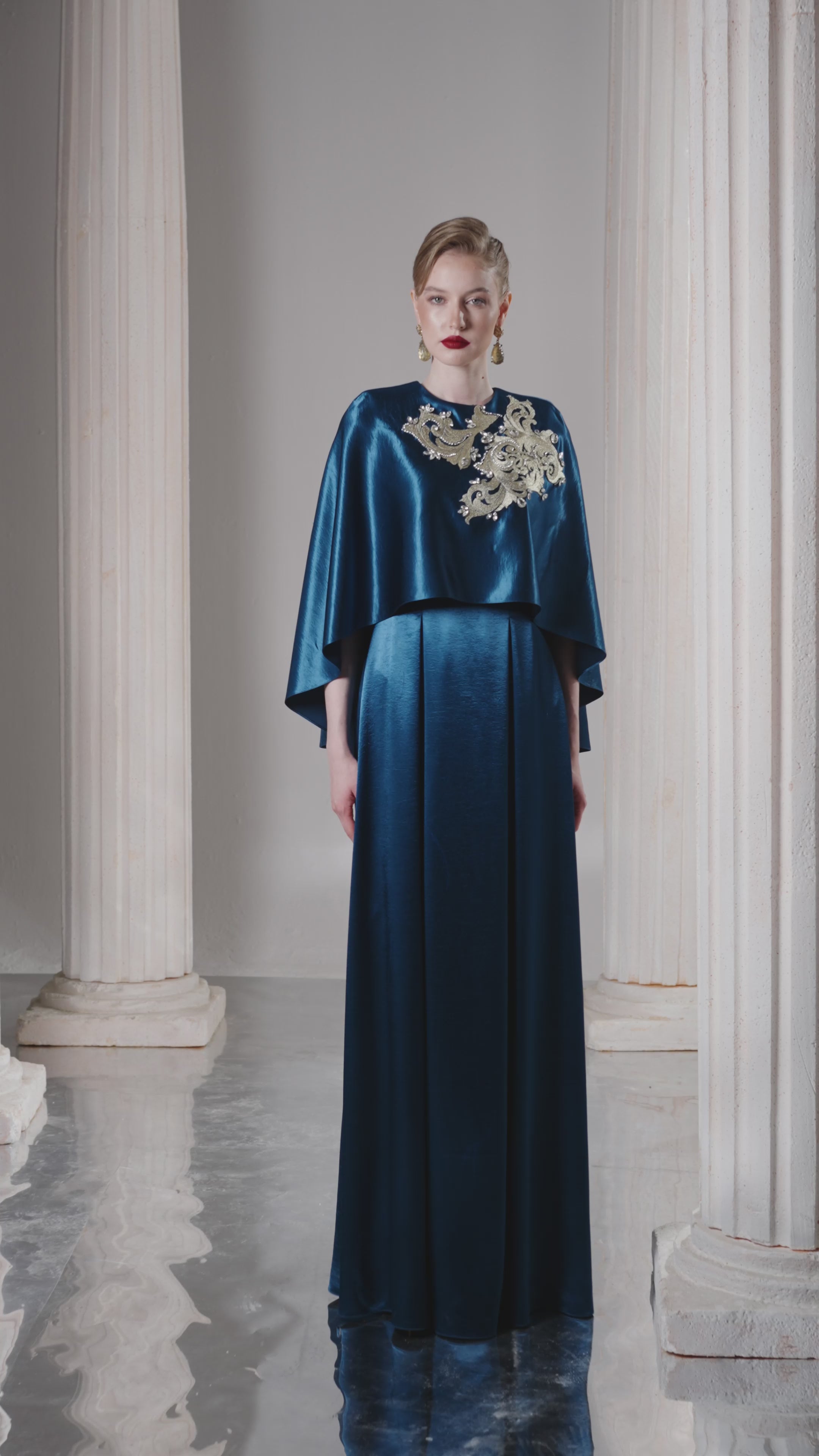 Dress Sapphire silk dress, elegant tiered cape effect